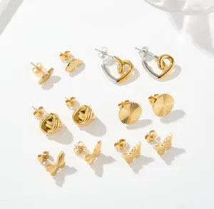 Set de pendientes de botón mariposa corazón acero titanio oro joyería moda detalle