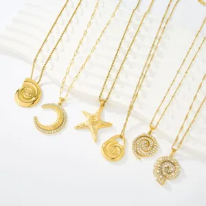 Collar con Colgante de Estrella de Mar de Concha de Strass de Acero Inoxidable de Moda Chapado en Oro Collar de Cadena de Ola de Perla Artificial Regalo de Joyería para Mujer