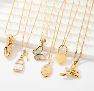 Gold layered necklace set featuring multiple pendants including butterfly angel lock and rose coin style.