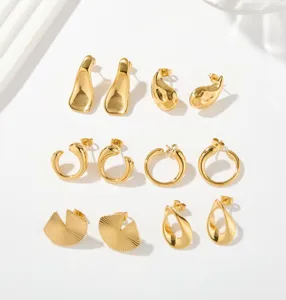 Wholesale gold stainless steel irregular geometric earrings set, trendy aesthetic jewelry detail.