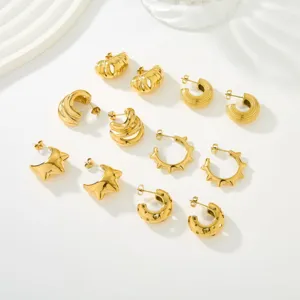 Punk Pendientes de Aro en C de Acero Inoxidable Chapado en Oro Unisex Hip Hop Remache Estrella Corazón Calado Geométricos Gruesos Aros Joyería Regalo