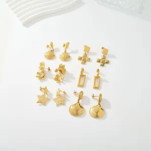 Pendientes Colgantes Geométricos de Acero Inoxidable Chapado en Oro de 18K Con Textura Martillada y Empalme Móvil Forma de Estrella Cruz Flor Concha Regalo Joyería Mujer