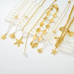 Collier en Acier Inoxydable Plaqué Or 18K Style Océan Vintage Avec Pendentif Étoile de Mer Coquillage Strass Perle Artificielle pour Femme