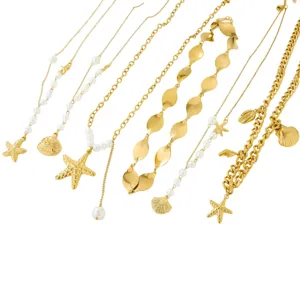 Ensemble de collier style océan doré avec pendentifs coquillage étoile de mer et perle mode