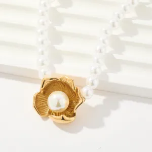 Collar colgante flor perla oro elegante cadena de acero inoxidable joyería de lujo accesorio