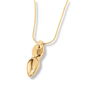 Gold minimalist abstract sculptural pendant necklace detail, elegant titanium steel chain jewelry.