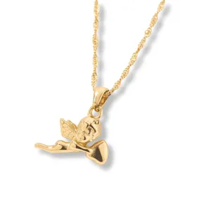 Close up detail of gold angel pendant necklace, stylish titanium steel cherub jewelry.