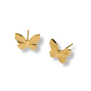 Primer plano detallado de pendientes de botón de mariposa dorados minimalistas y elegantes.