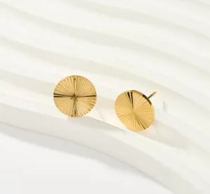 Pendientes de botón dorados con diseño de sol en acero de titanio, joyería circular.