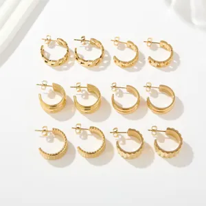 Pendientes de Aro Minimalistas Acero Inoxidable Chapado Oro 18K Forma C Mujer Calado Geométrico Patrón Ondulado Aros Texturizados Moda Diaria Viaje Joyería Regalo