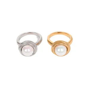 Anillo de Acero Inoxidable Chapado en Oro de 18K Minimalista de Lujo Gran Perla de Agua Dulce Natural Incrustada Anello de Cuerda Trenzada Vintage para Mujer