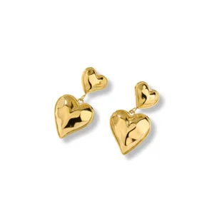 Pendientes colgantes de doble corazon chapados en oro estilo vintage minimalista mujer