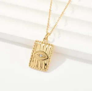 Collar de acero inoxidable dorado con colgante de ojo rectangular circonita para mujer