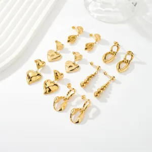 Pendientes Colgantes Geométricos de Corazón de Acero Inoxidable Minimalista Euroamericano para Mujer Pendientes de Botón Entrelazados Chapados en Oro 18K