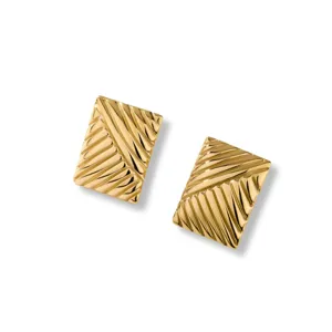 Chic gold-plated geometric textured rectangular earrings for women, vintage metal ear studs.