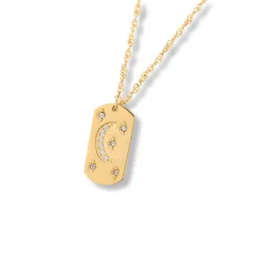 Collar de placa de acero dorado con colgante de luna y estrellas de cristal, cadena elegante.