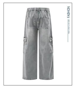 Vintage washed denim cargo pants back details, straight wide leg fit with utility pockets.