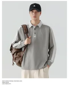 Heren colorblock lange mouw polo sweatshirt casual streetwear losse pasvorm stijlvol