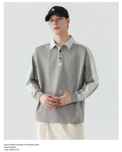 Heren contrast kleurblok lange mouw polo sweatshirt losse casual streetwear top outfit
