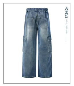Distressed denim cargo pants detail, men's loose straight leg streetwear with utility pockets.