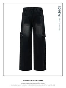 Men's black washed denim cargo pants, straight leg loose fit retro vintage casual trousers.