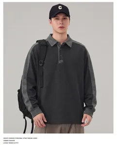 Heren colorblock polo lange mouw sweatshirt, casual commuter streetwear mode stijl.