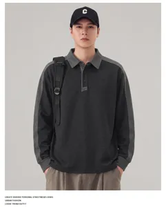 Heren contrastkleur lange mouw polo sweatshirt, casual losse streetwear stijl voor dagelijks.
