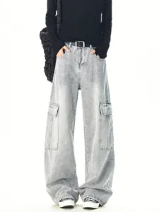 Men High Street Patchwork Cargo Jeans American Retro Distressed Straight Leg Baggy Denim Pants With Multi Pockets Casual Bottom
