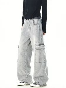 Men's washed grey baggy cargo jeans, high street loose fit straight denim trousers.