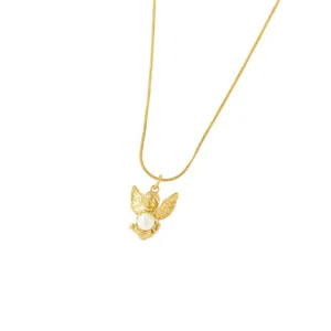 Collar bañado en oro con colgante de angelito y perla, joya elegante para mujeres todos los días
