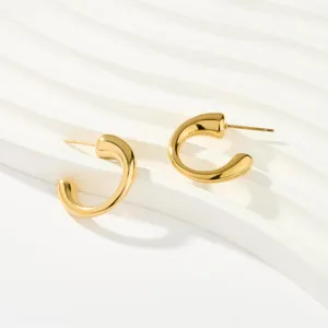 Elegantes pendientes de aro geométricos en forma de C de acero inoxidable dorado mujer