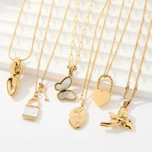 Fashion Stainless Steel Pendant Necklace Gold Plated Butterfly Heart Angel Rose Clavicle Chain Hip Hop Sweater Necklace For Men Women Jewelry