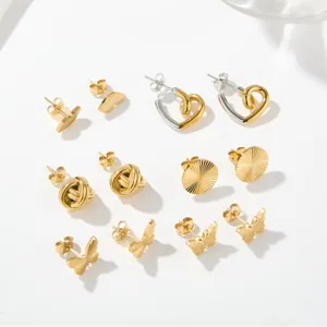 Pendientes de Botón de Acero Inoxidable y Acero de Titanio para Mujer Lindo Mariposa Corazón Redondo Textura de Sol Oro Plata Color Moda Joyería Accesorios Regalo