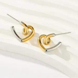 Pendientes de botón en forma de corazón bicolor, joyas minimalistas para mujeres.