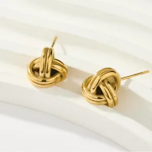 Pendientes dorados de nudo entrelazado, pendientes de botón geométricos de acero inoxidable.
