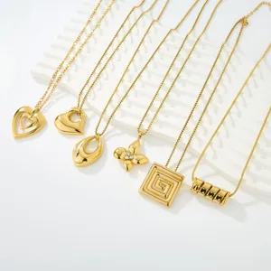 Minimalist Stainless Steel 18K Gold Plated Heart Geometric Pendant Necklace Delicate Regular Chain Rhinestone Sweater Necklace For Women Fashion