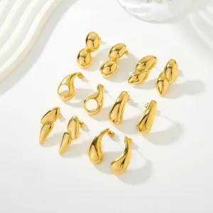 Orecchini a Bottone in Acciaio Inossidabile Placcato Oro 18K da Donna Goccia d'Acqua Vuota Guscio di Arachide Geometrici