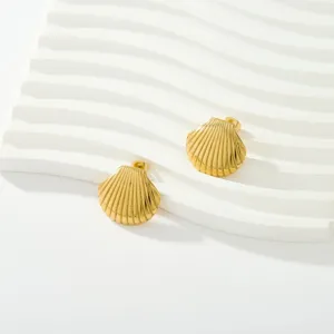 Pendientes de botón de concha de acero inoxidable bañado en oro, diseño elegante para mujer.