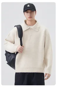 Men's vintage lapel knit sweater, loose casual long sleeve polo pullover top for daily wear.