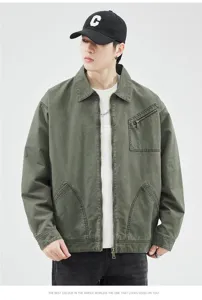 Veste de travail zippée lavée vintage pour homme, vêtement d'extérieur ample et décontracté