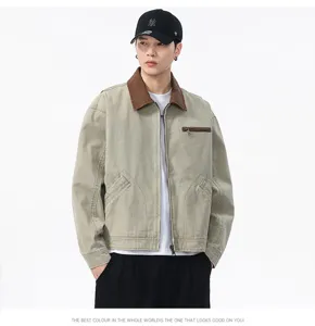 Veste de travail décontractée en toile pour hommes avec col en velours côtelé et poche zippée.