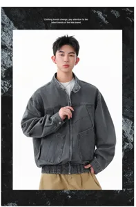 Hommes vintage lavé denim cargo veste décontracté coton col montant manteau chic
