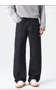 Men's loose straight-leg dark denim jeans casual streetwear vintage style trousers apparel.