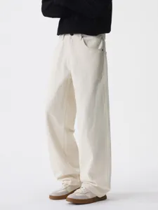 Jeans a Gamba Dritta da Uomo American High Street Cotone Denim Grezzo Pantaloni Ampi Tinta Unita Bianco Sporco Pantaloni Lunghi Casual Hip Hop Streetwear per Adolescenti