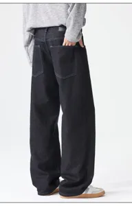 Back view of dark blue straight leg raw denim jeans showcasing loose fit and back pocket.