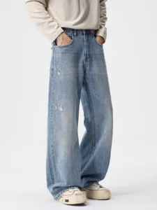 American Vintage Ripped Jeans For Men Light Blue Loose Straight Wide Leg Denim Pants Distressed Hip Hop High Street Washed Jeans