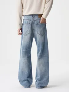 Mens vintage distressed wide leg denim jeans casual retro loose fit flared trousers