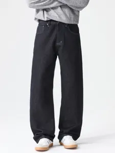 Mens loose fit straight leg raw denim jeans casual streetwear dark blue denim trousers stylish