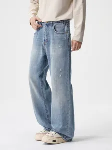 Men's American Vintage Distressed Baggy Straight Jeans Casual Loose Fit Light Blue Denim Pants