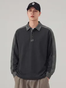 Heren Smart Casual Kleurblok Pullover Sweatshirt Omslagkraag Lange Mouwen Top Los Patchwork Mode Kleding Voor Jonge Mannen